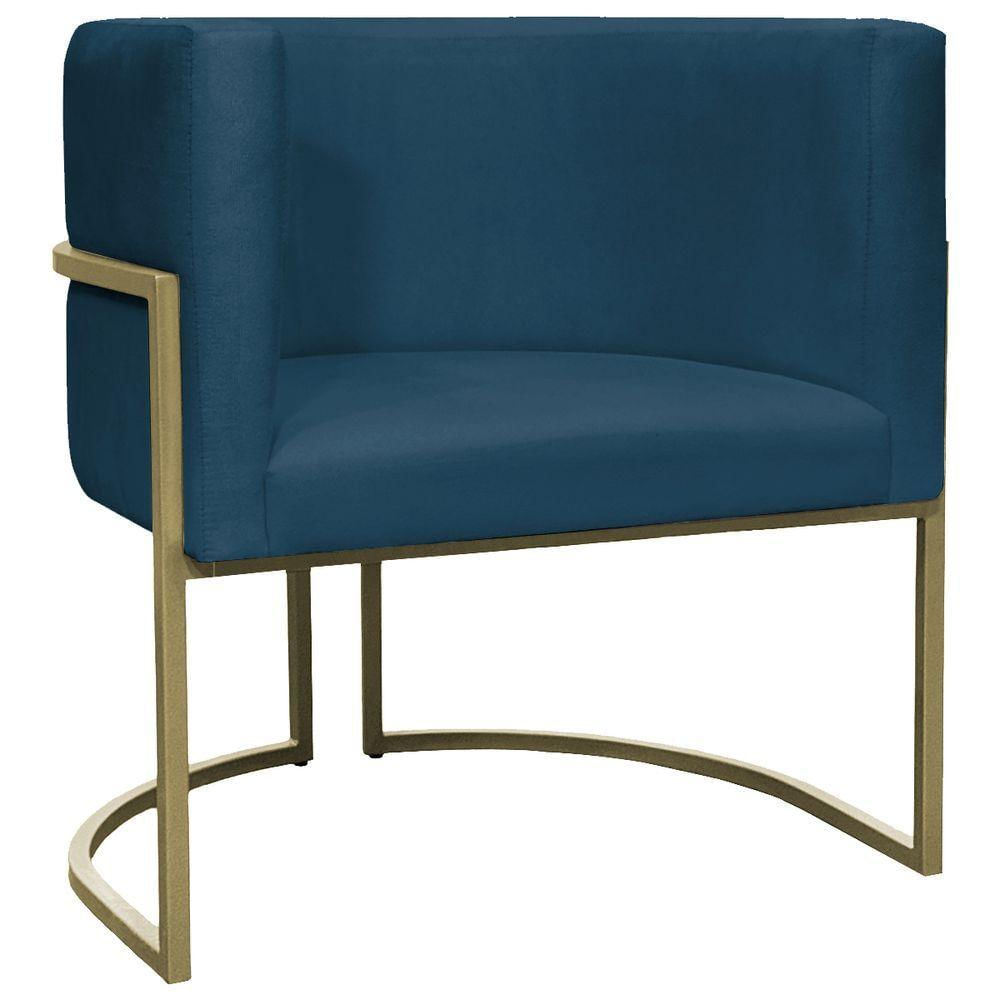 Poltrona Decorativa Recepção Luna Suede Base Ferro Champagne Azulmarinho Suede