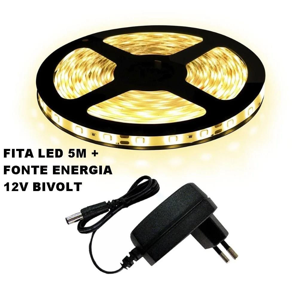 Kit Fita Led Amarelada Branco Quente 3000K 5 Metros + Fonte