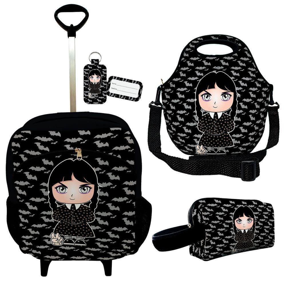 Kit Mochila Escolar Infantil Rodinhas Lancheira Estojo Isoprene Menina Addams