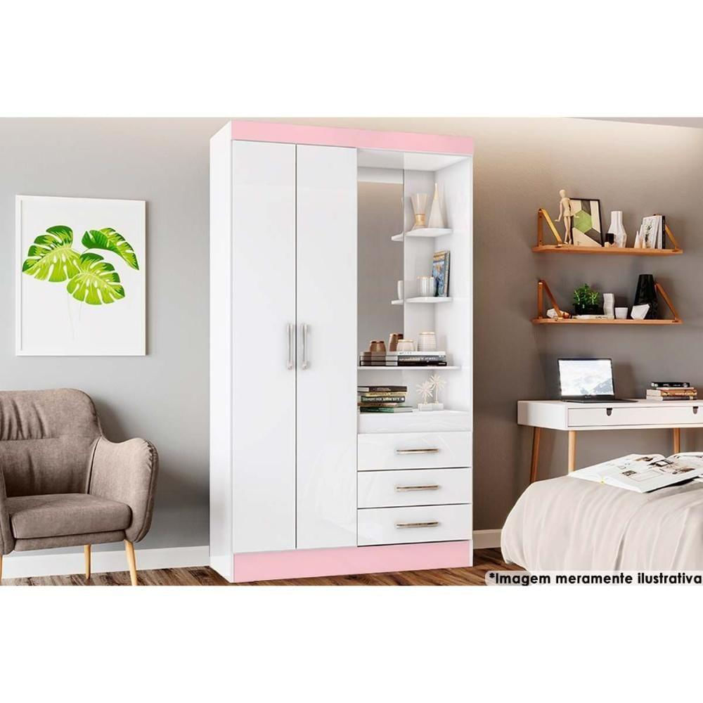 Guarda Roupa Solteiro 2 Portas E 3 Gavetas C- Espelho Briz B64 Branco-rosa