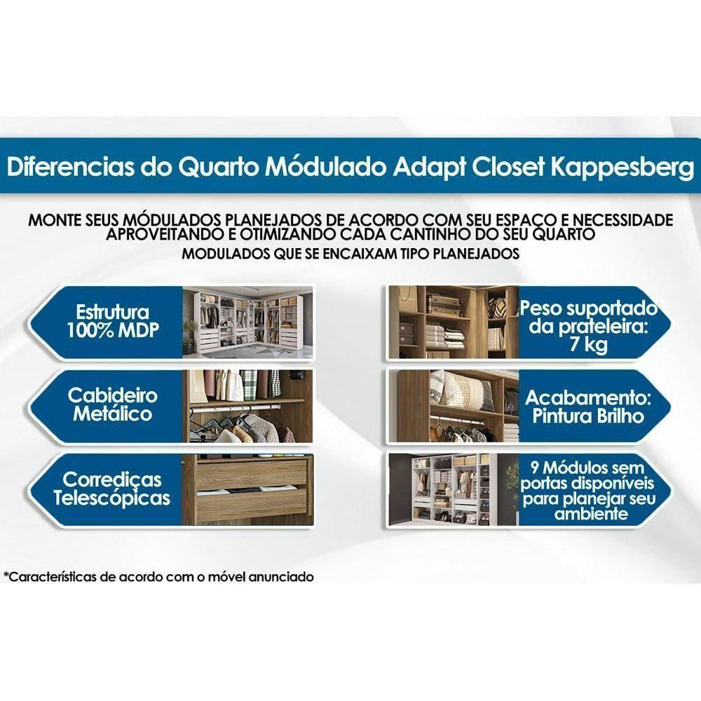 Módulo De Quarto Casal Adapt 5 Peças (4 Closets + 1 Complemento) Qcm08 Nogueira - Kappesberg