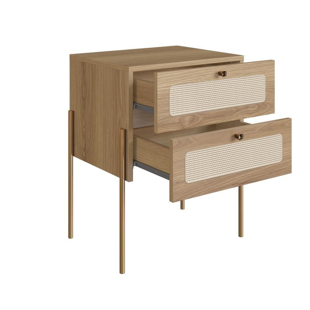 Conjunto Cabeceira Casal 160cm E 2 Mesas De Cabeceira 2 Gavetas Pé Metal Palhinha Oslo Artesano | Hanover-dourado