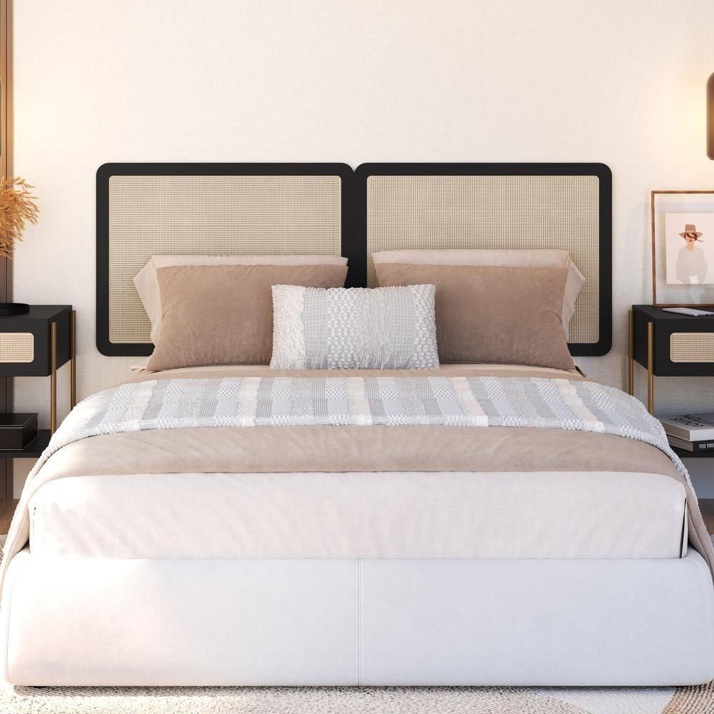 Conjunto Cabeceira Casal 160cm E 2 Mesas De Cabeceira 1 Gaveta Pé Metal Palhinha Oslo Artesano | Nero-dourado