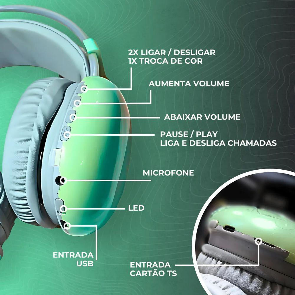 Headset Fone De Ouvido Sem Fio Bluetooth V5.3 Com Led Disco Pulse Profissional