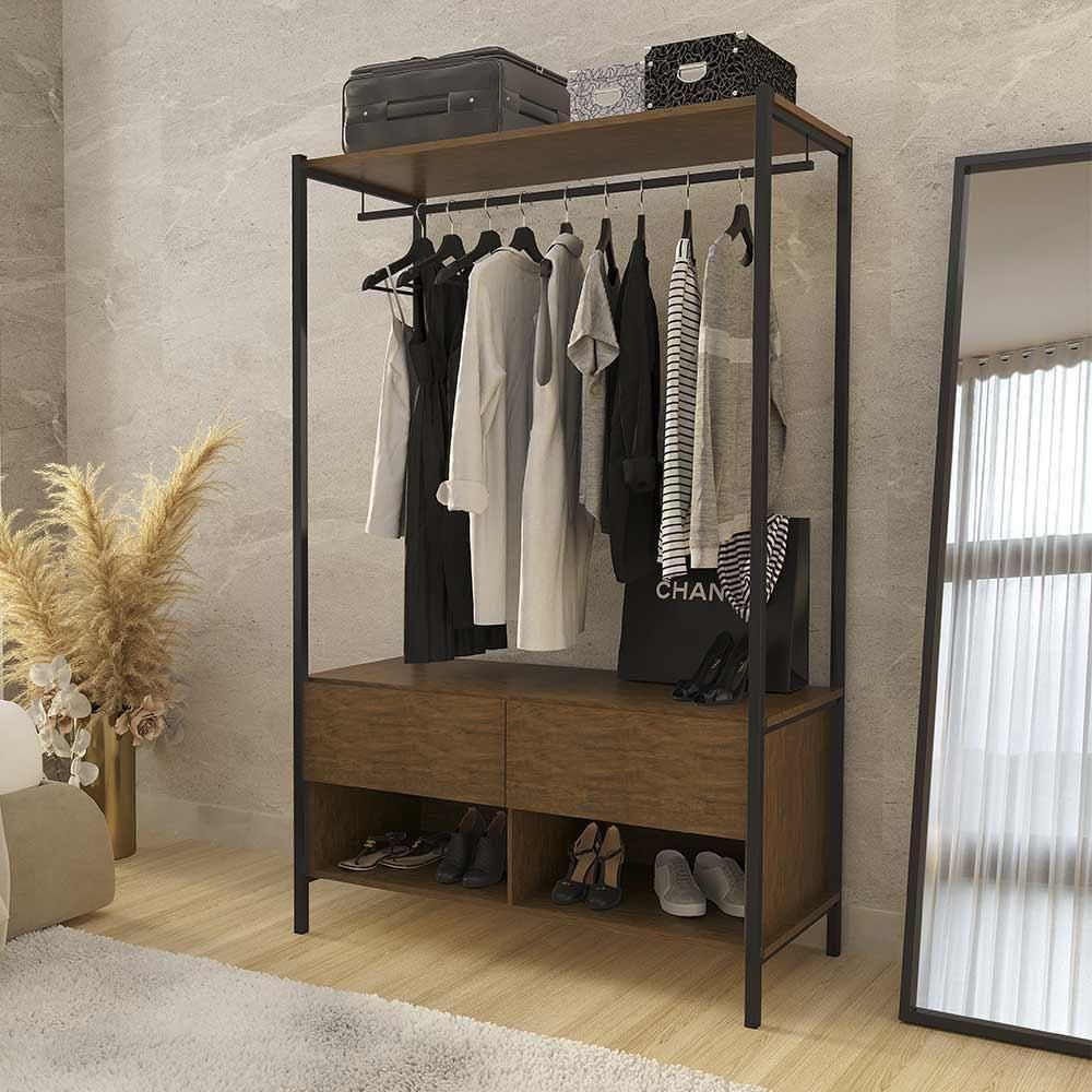 Roupeiro Closet Solteiro Industrial 2 Gavetas Imbuia Preto Ahri Steel Mobile