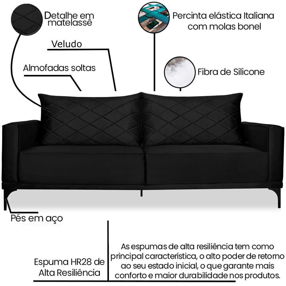 Sofa Living 3 Lugares Nori 200cm Veludo Deluxe 2237 Ezz 2237