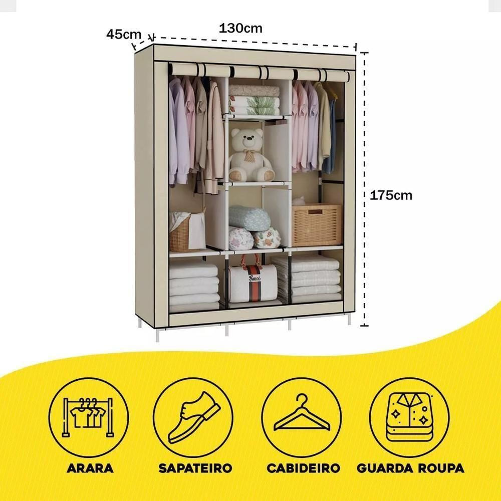 Guarda Roupa Cabideiro Portatil Prateleiras Dobravel Armario Arara Grande Organizador Camping