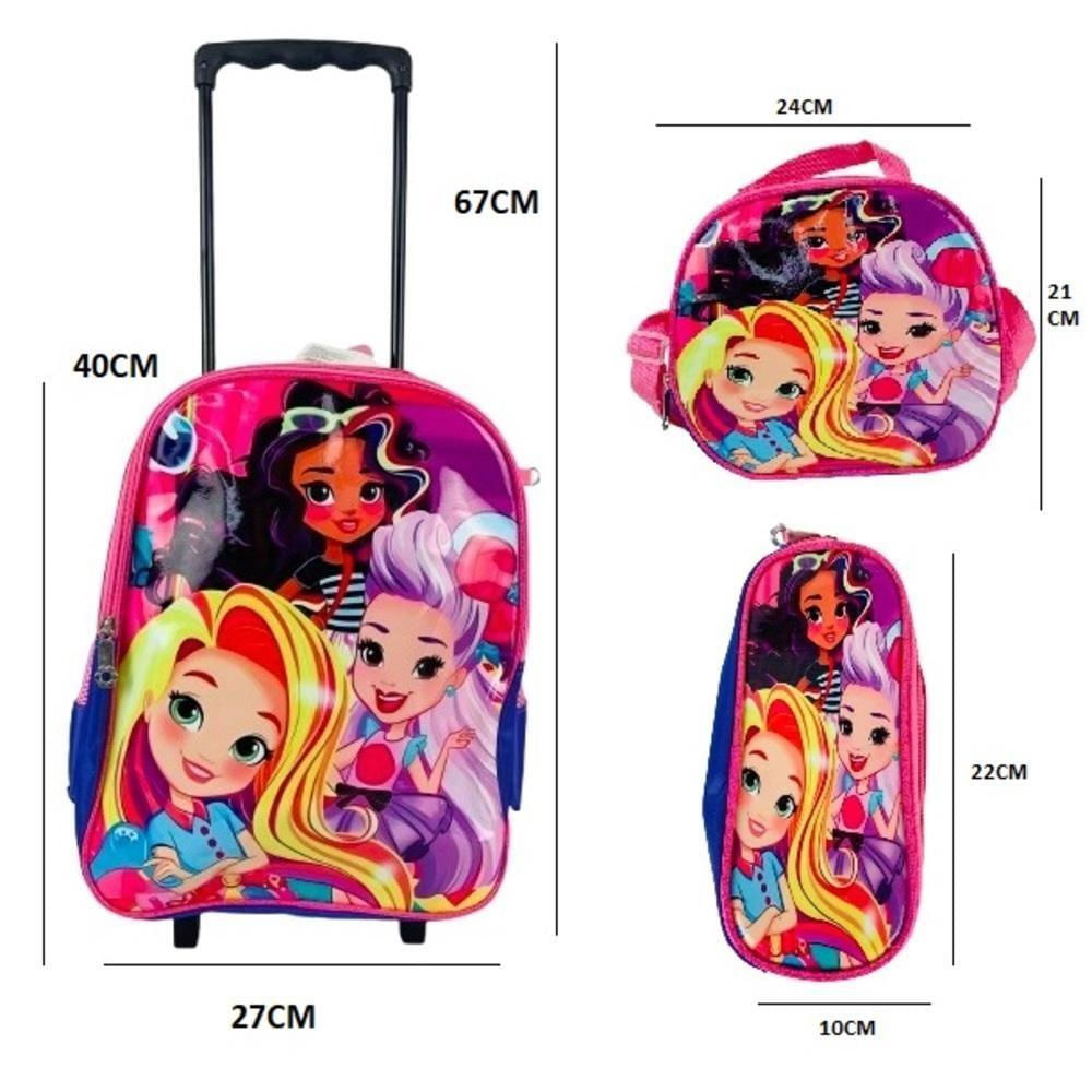 Kit Mochila Infantil Com Rodinhas Meninas Princesas Bolsa Escolar Estojo E Lancheira Térmica Rosa Carrinho Impermeavel