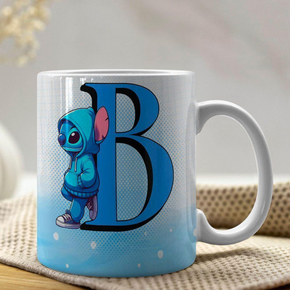 Caneca De Porcelana Stitch Letras A-z 325ml Azul B