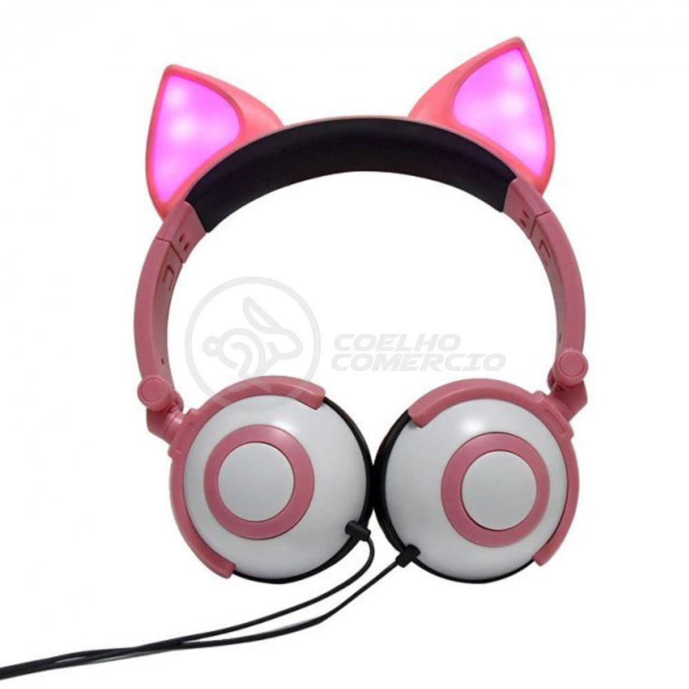 Fone De Ouvido Gatinho Fio C/ Led Infantil Rosa