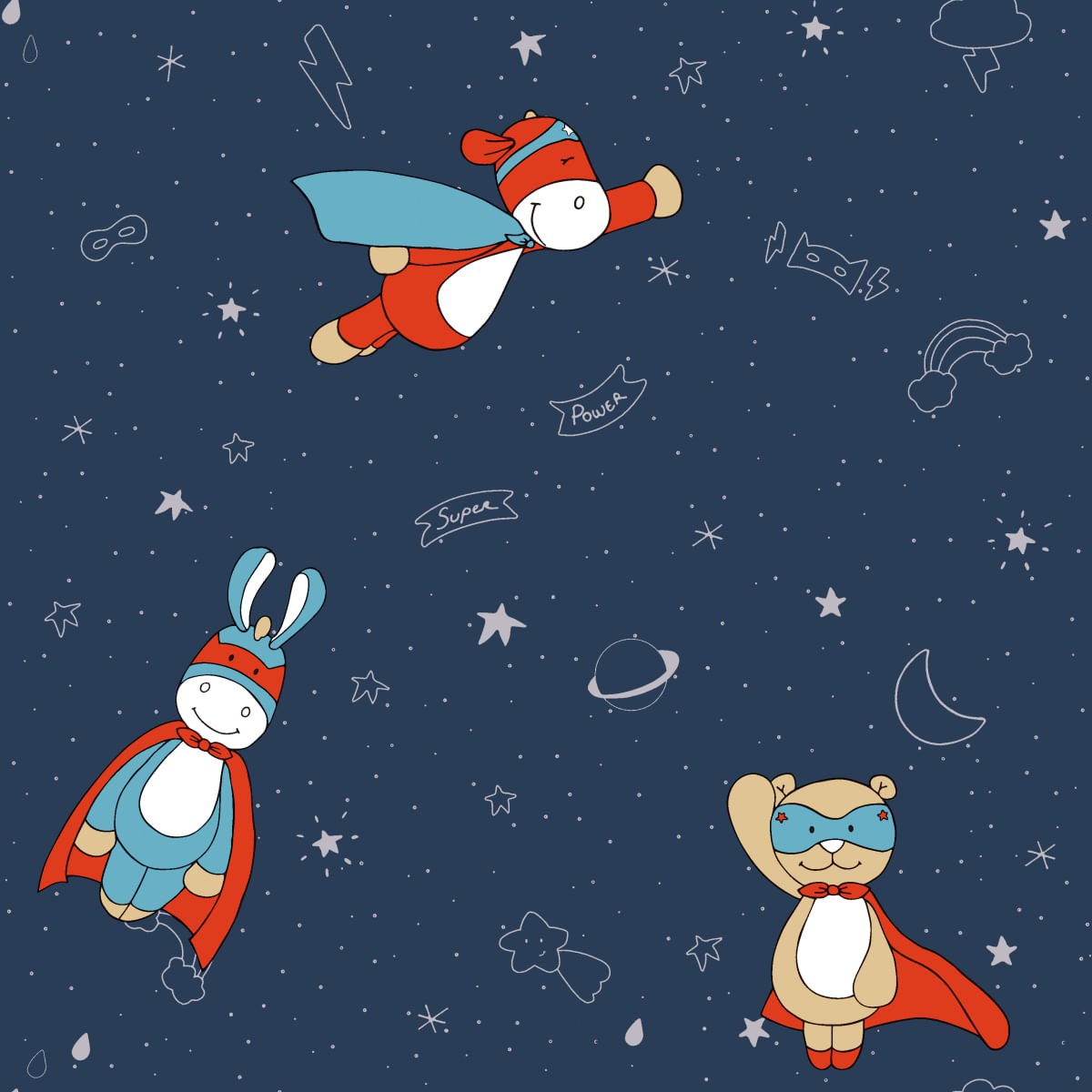 Papel de Parede Fofura Baby Ursinhos Super Heróis Azul FF4041