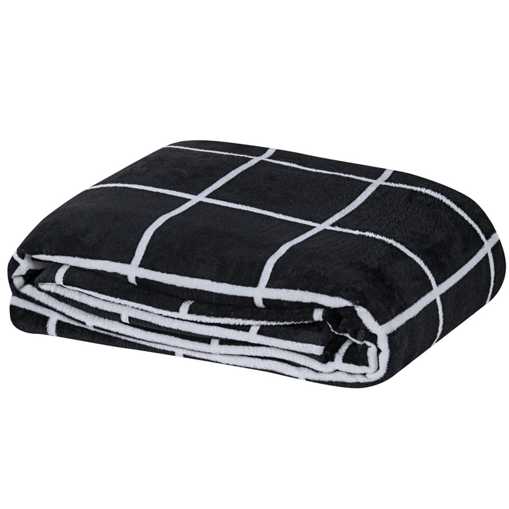 Cobertor Brooklyn Casal Mantinha Flannel Quadriculado - Preto