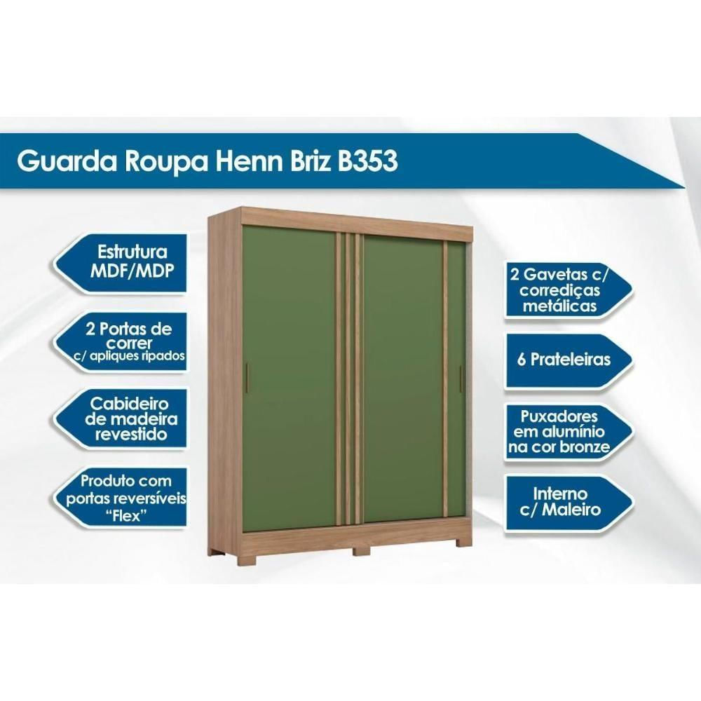 Guarda Roupa Casal 2 Portas de Correr e 2 Gavetas c/ Pés Briz B353 Flex Nature/Off White ou Cinza - Henn