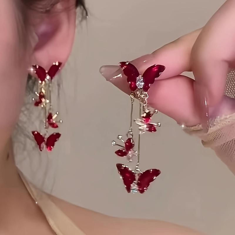 Brincos Elegantes e Sexy em Formato de Borboleta Vermelha com Strass