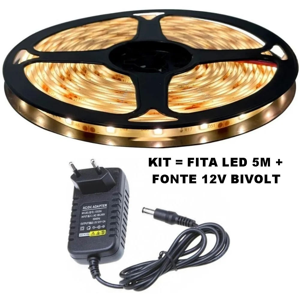 Kit Fita de Led Amarelada Branco Quente 3000k com 5 Metros + Fonte Energia 12v Bivolt