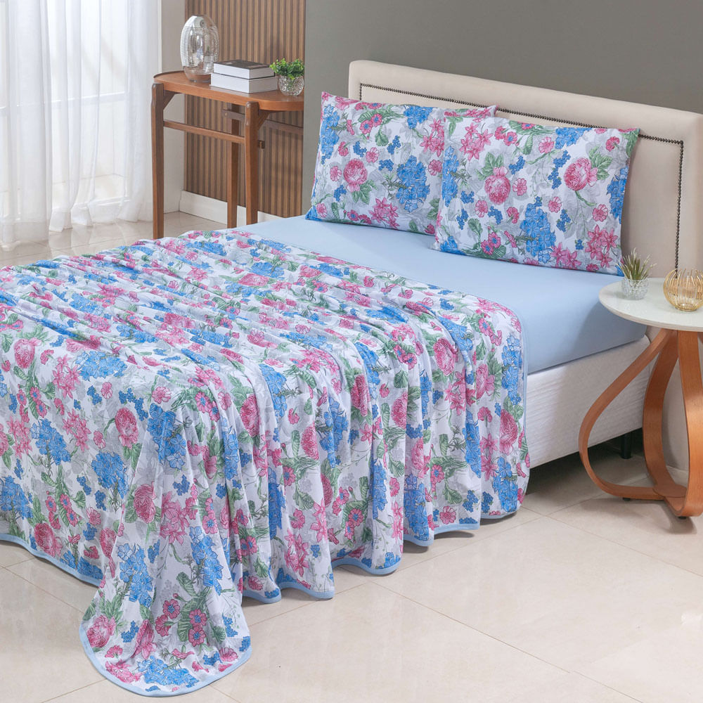 Jogo Cama Lençol Sonnet King Malha Estampada 100% Algodão 4 Peças - Floral - Azul Claro