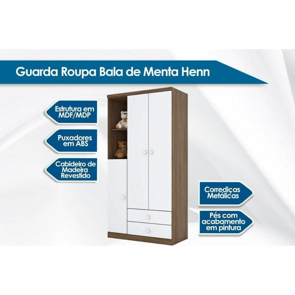 Guarda Roupa Bebê Bala De Menta C/ 3 Portas E 2 Gavetas Branco - Henn