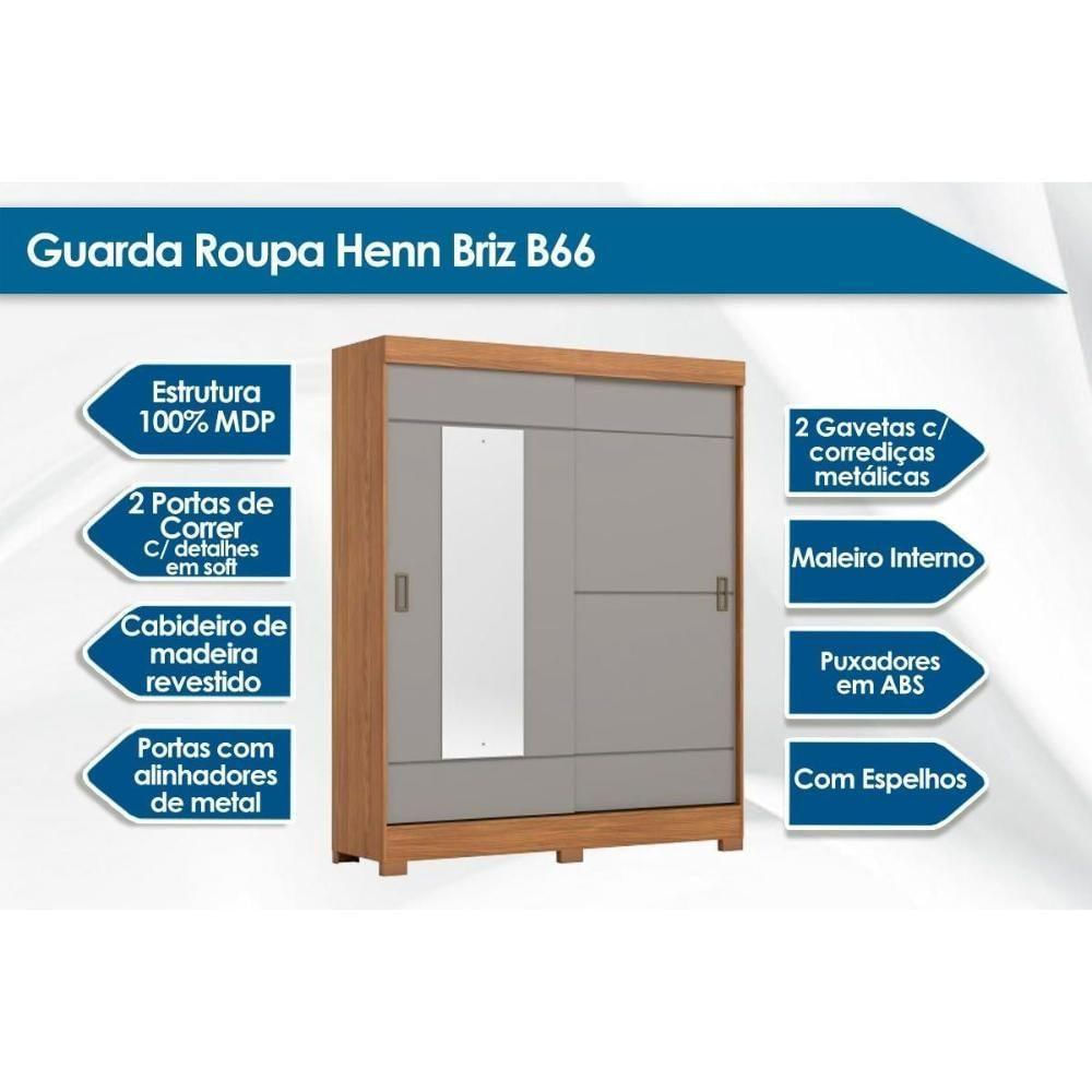 Guarda Roupa Casal 2 Portas De Correr (1 C- Espelho) E 2 Gavetas C- Pés Briz B66 Branco - Henn