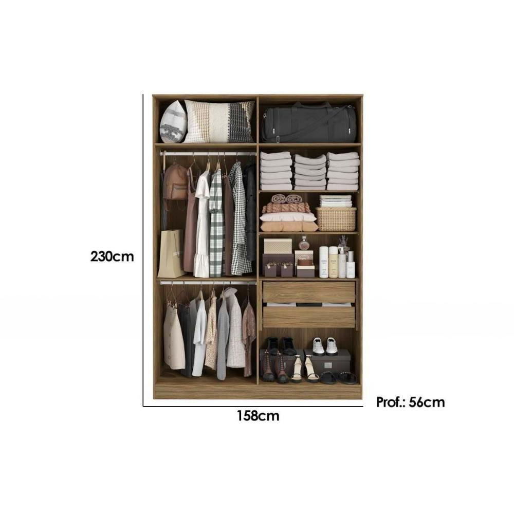 Guarda Roupa Closet De Quarto Arm158amdp Adapt C/ 2 Gavetas Aberto S/portas 230x158cm - Nogueira - Kappesberg