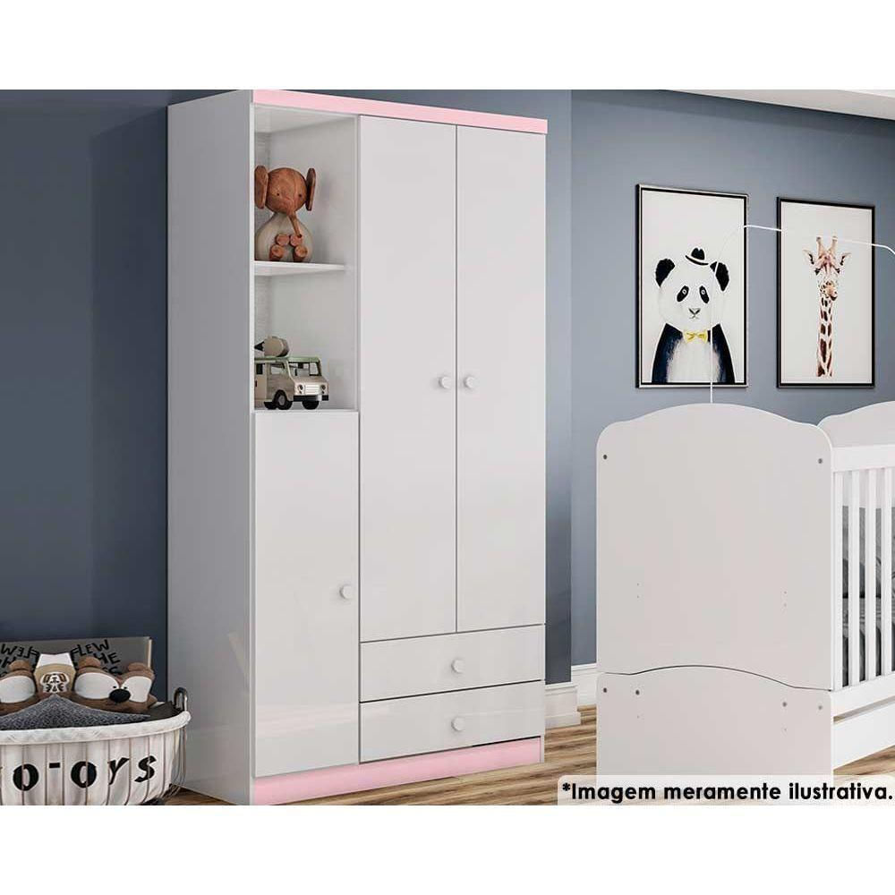 Guarda Roupa Infantil Bala De Menta C- 3 Portas E 2 Gavetas Branco-rosa - Henn