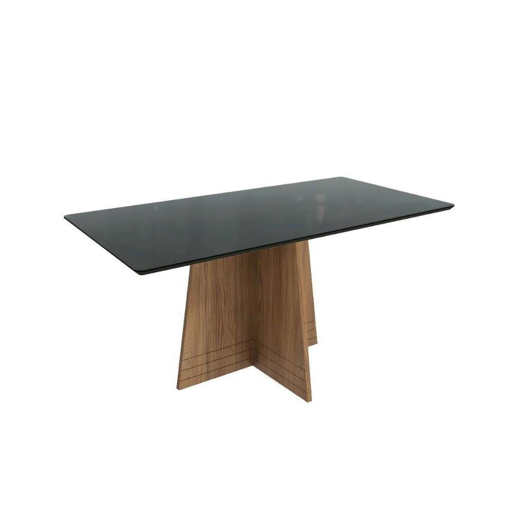 Mesa Para Cozinha Lótus Com Tampo Madeirado Com Vidro 90x180cm Nogueira Preto Fosco Vidro Preto Kappesberg