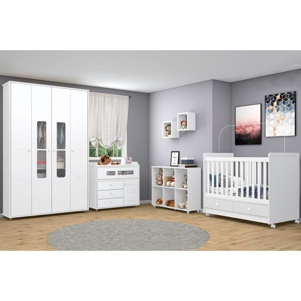 Quarto Infantil Completo Aquarela 4 Peças (1 Guarda Roupa + 1 Berço + 1 Cômoda + 1 Armário Organizador) Qi56 Branco