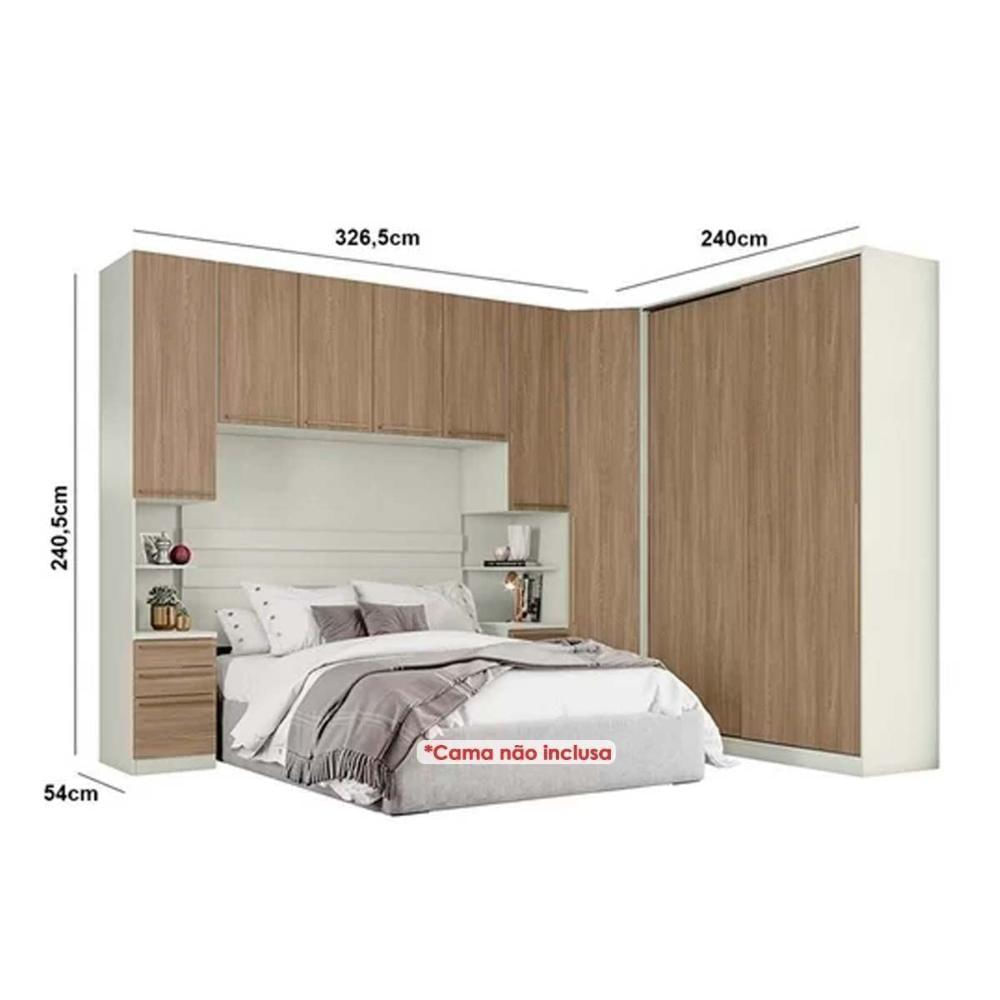 Quarto Casal Modulado Seletto 5 Peças (1 Ponte + 1 Closet Canto + 1 Guarda Roupa 2 Portas De Correr + 2 Complementos) Qm121 Areia