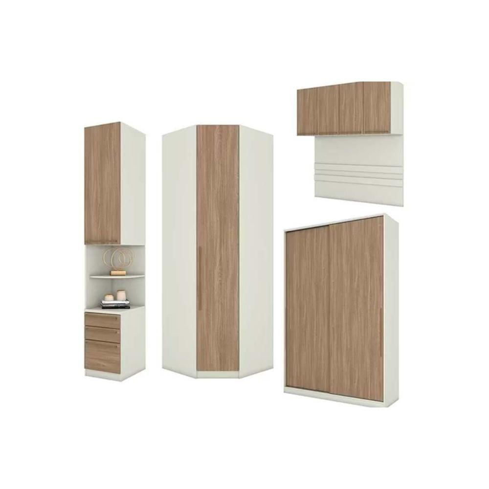 Quarto Casal Modulado Seletto 5 Peças (1 Ponte + 1 Closet Canto + 1 Guarda Roupa 2 Portas De Correr + 2 Complementos) Qm121 Areia