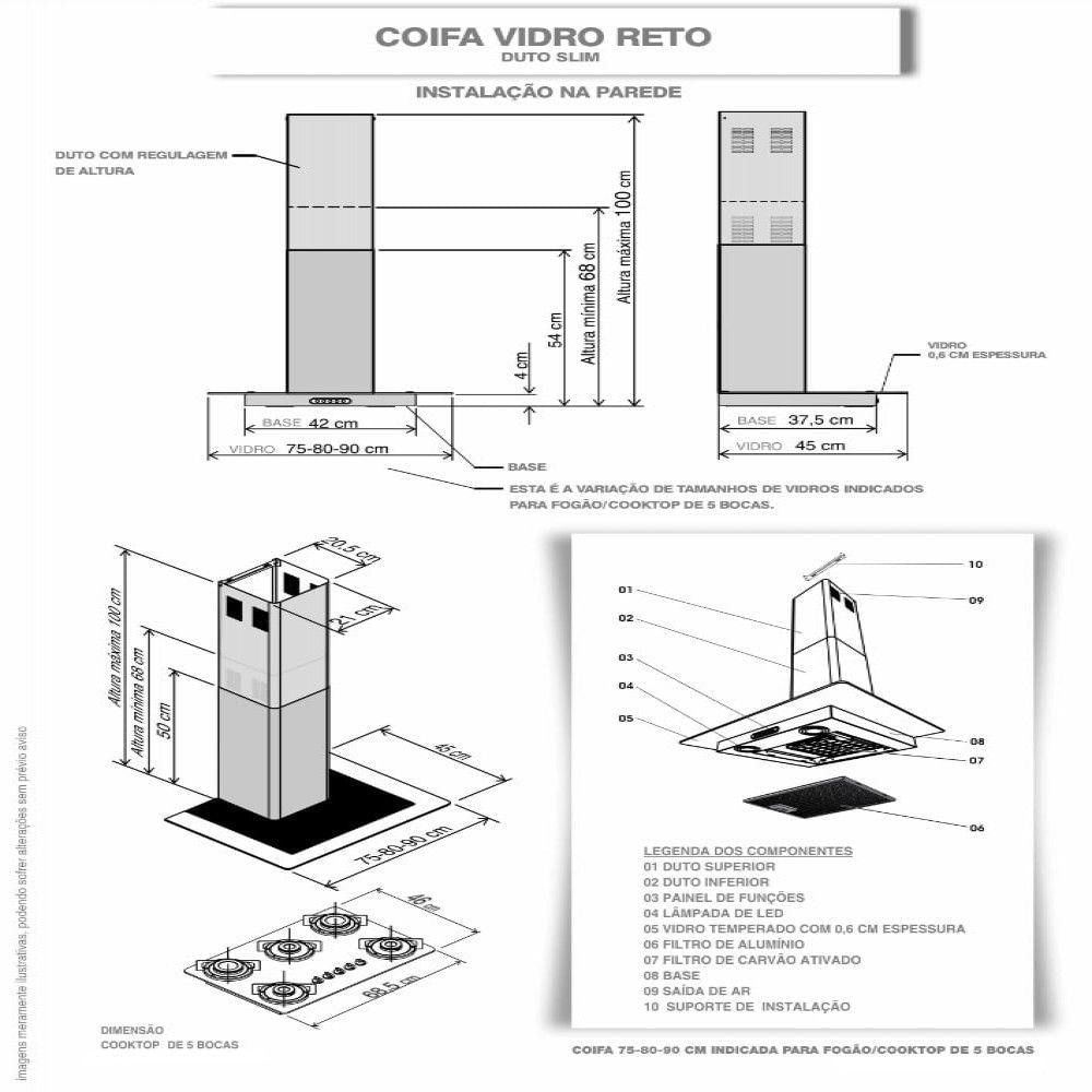 Coifa Terim Parede Vidro Reto Inox Duto Slim 80cm Inox 220V