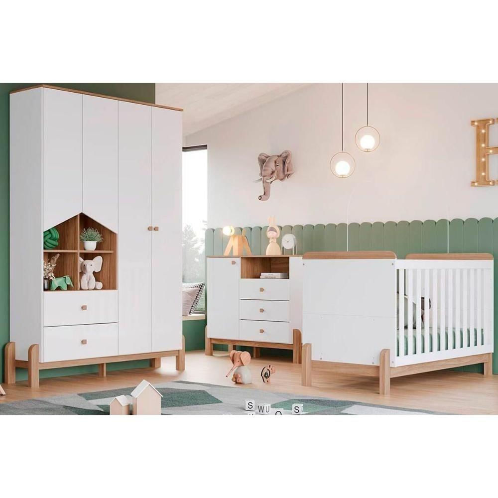 Quarto De Bebê Completo Ternura 3 Peças (1 Guarda Roupa + 1 Berço + 1 Cômoda) Qi79 Branco-jequitiba