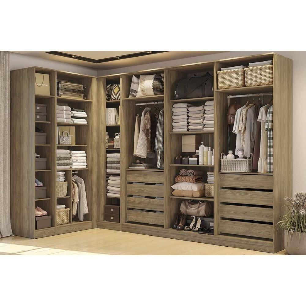 Guarda Roupa Closet De Quarto Adapt 6 Peças (3 Armários Abertos + 1 De Canto Reto + 2 Complementos) Qcm133 Nogueira