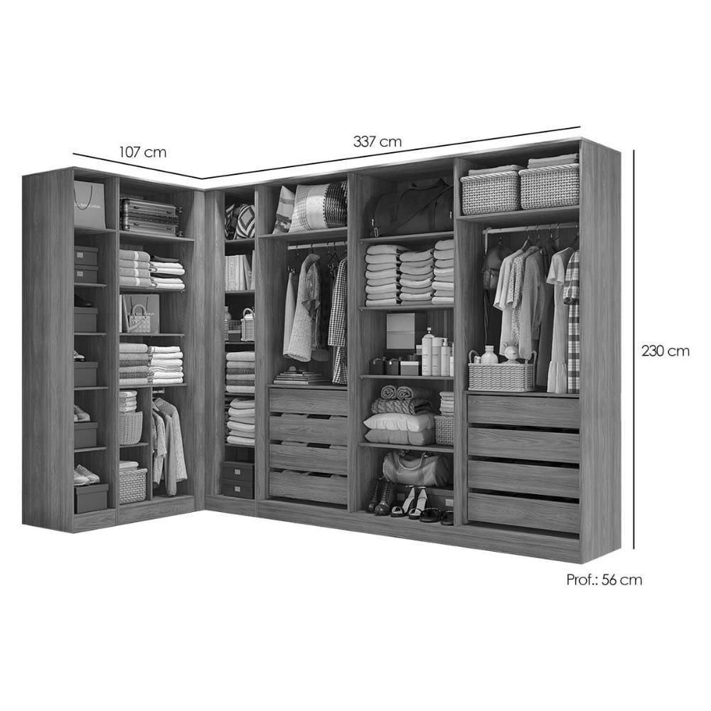 Guarda Roupa Closet De Quarto Adapt 6 Peças (3 Armários Abertos + 1 De Canto Reto + 2 Complementos) Qcm133 Nogueira