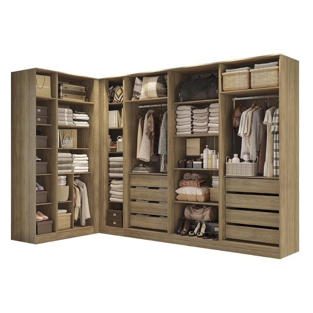 Guarda Roupa Closet De Quarto Adapt 6 Peças (3 Armários Abertos + 1 De Canto Reto + 2 Complementos) Qcm133 Nogueira