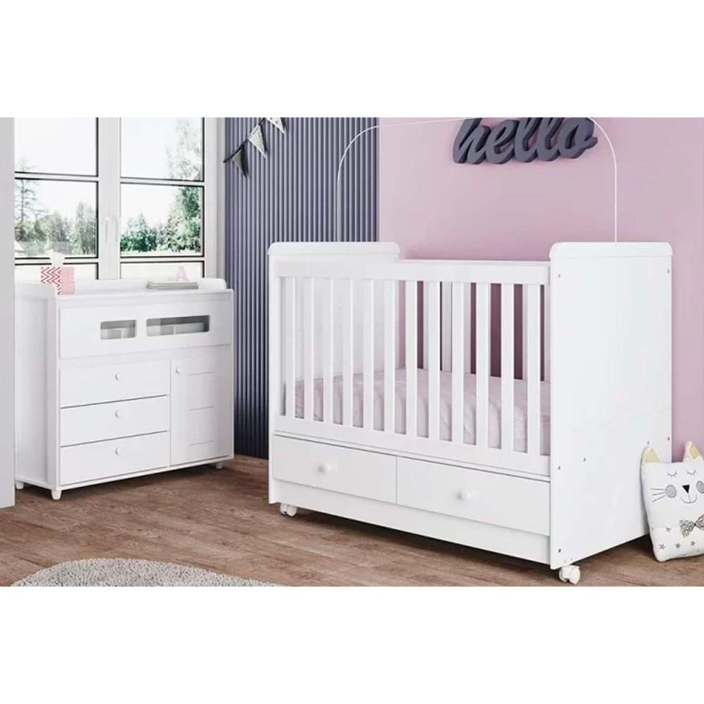 Quarto Infantil Completo Aquarela 2 Peças (1 Berço + 1 Cômoda) Qi63 Branco - Henn