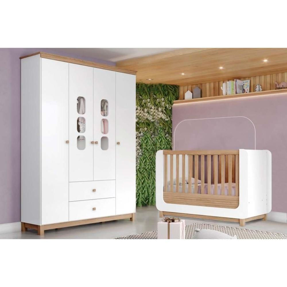 Quarto Infantil Completo Aconchego 2 Peças (1 Guarda Roupa + 1 Berço) Qi82 Branco/jequitiba - Henn