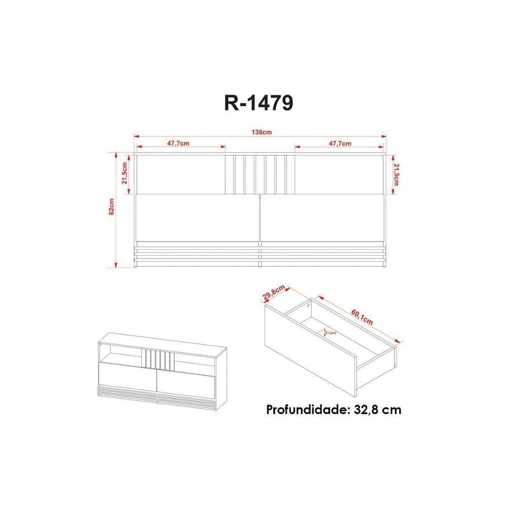 Rack Bancada Com Painel Para Tv Até 50 Pol Pa2913-r1479 2 Gavetas 136x88cm Natural-palha - Tecno Mobili