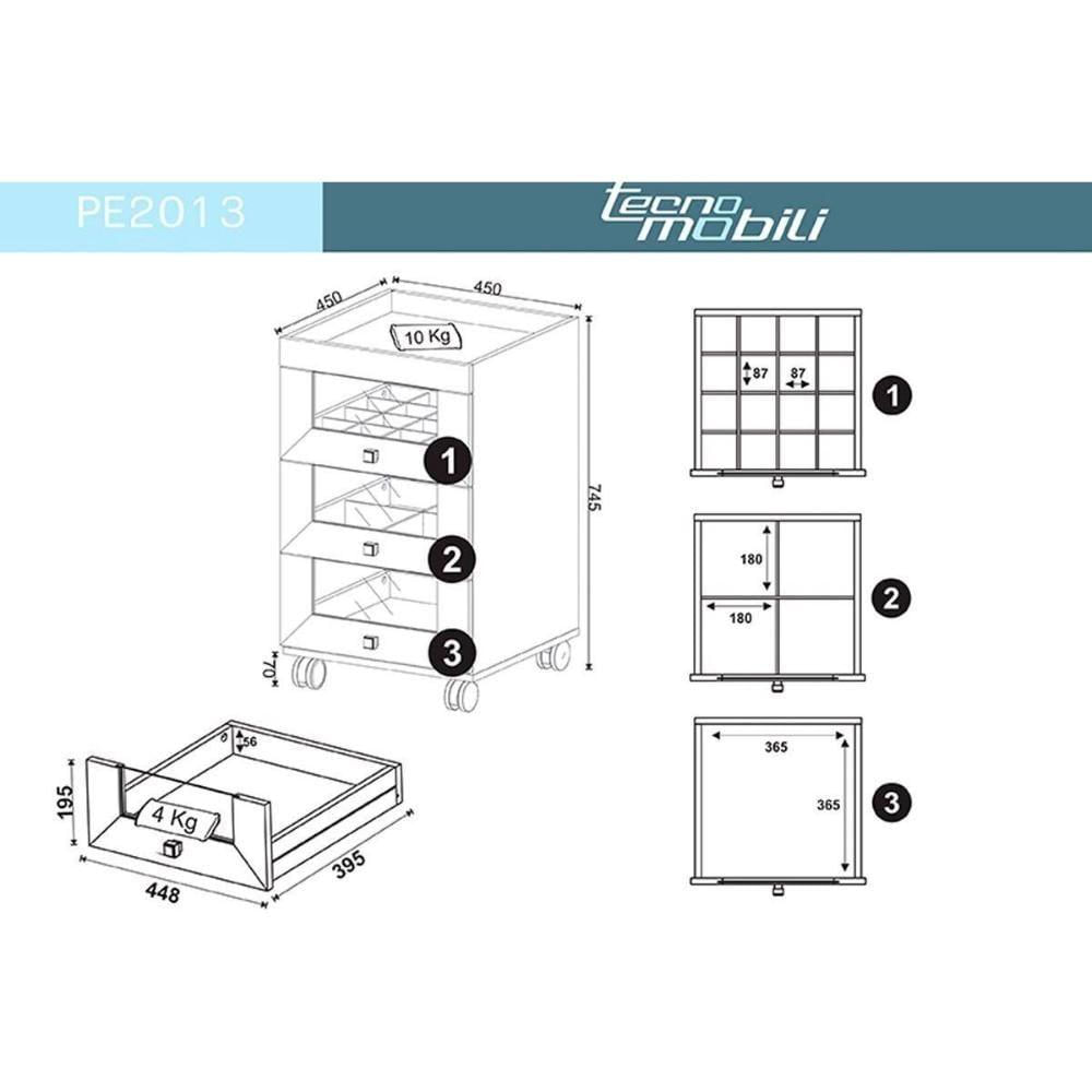 Multiuso Quarto 2 Peças (gaveteiro Pe2009 + Carrinho De Maquiagem Pe2013) Branco - Tecno Mobili