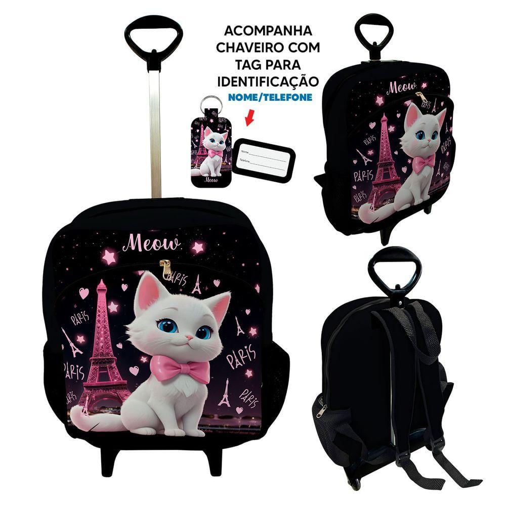 Kit Mochila Escolar Infantil Rodinhas Lancheira Estojo Isoprene Gatinha Paris