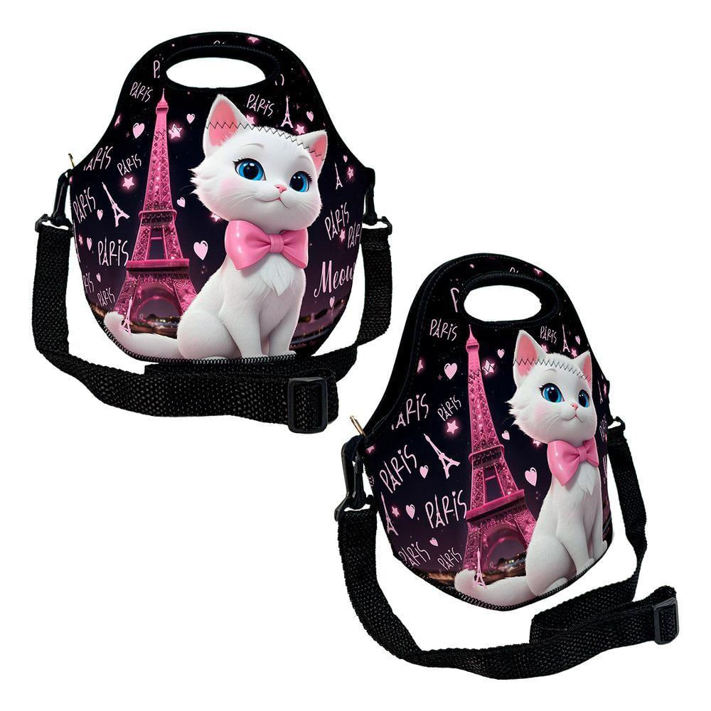 Kit Mochila Escolar Infantil Rodinhas Lancheira Estojo Isoprene Gatinha Paris