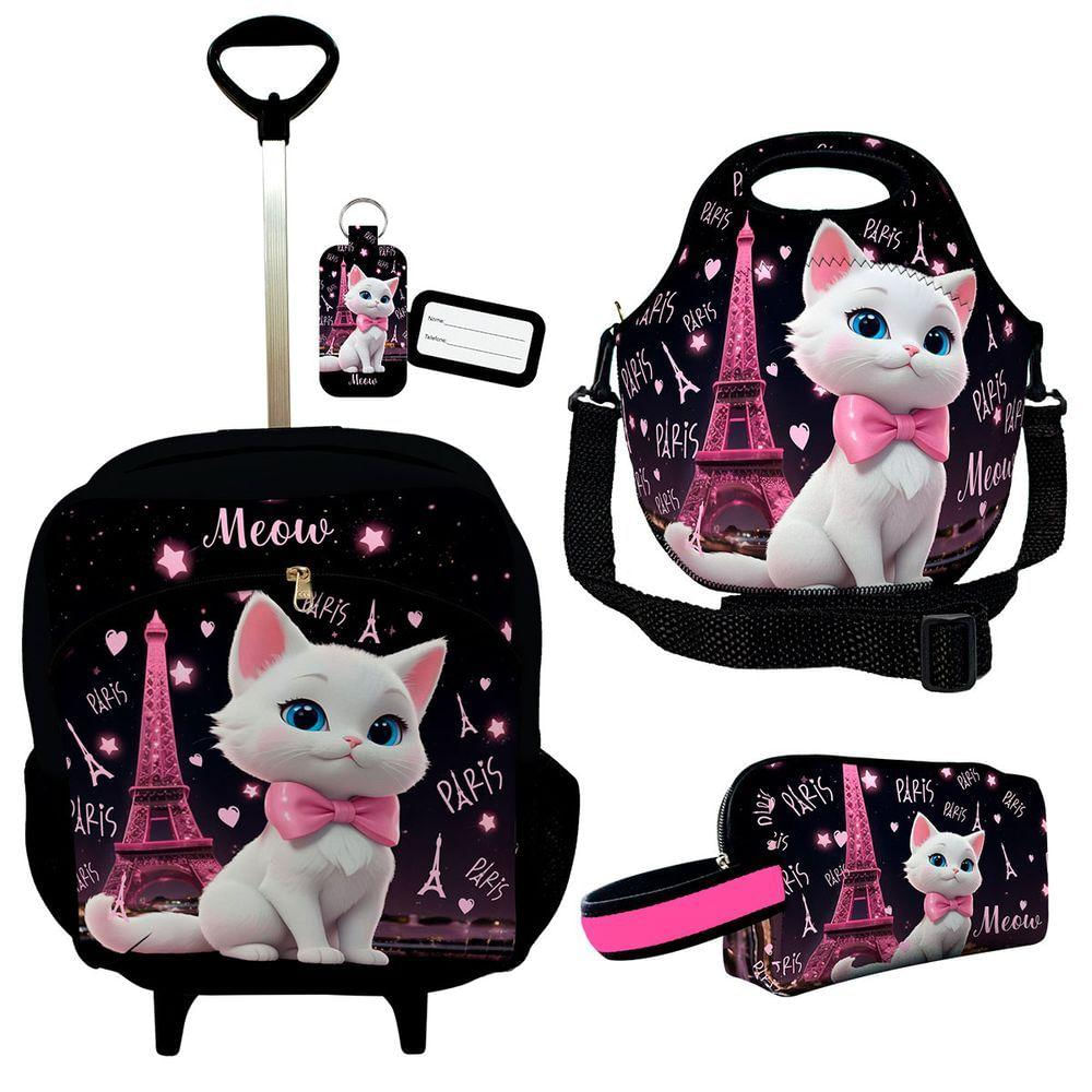 Kit Mochila Escolar Infantil Rodinhas Lancheira Estojo Isoprene Gatinha Paris