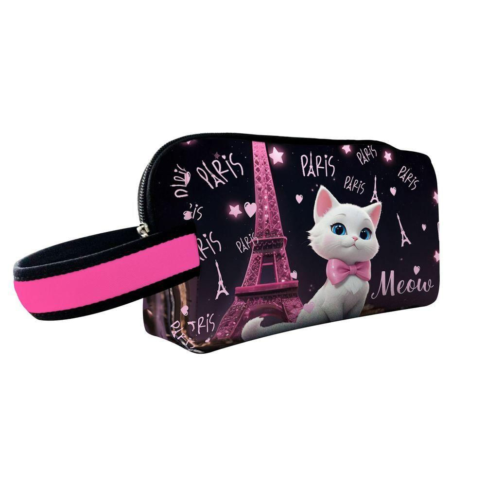 Kit Mochila Escolar Infantil Rodinhas Lancheira Estojo Isoprene Gatinha Paris