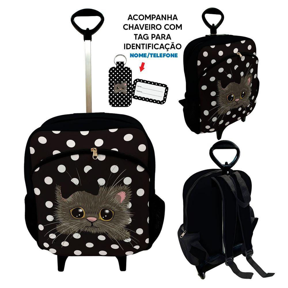 Kit Mochila Escolar Infantil Rodinhas Lancheira Estojo Isoprene Gatinho Poá