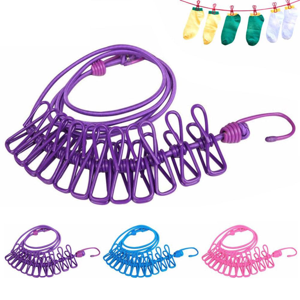 Varal de Roupas Portátil com Clips 12 Cabos Elásticos à Prova de Vento