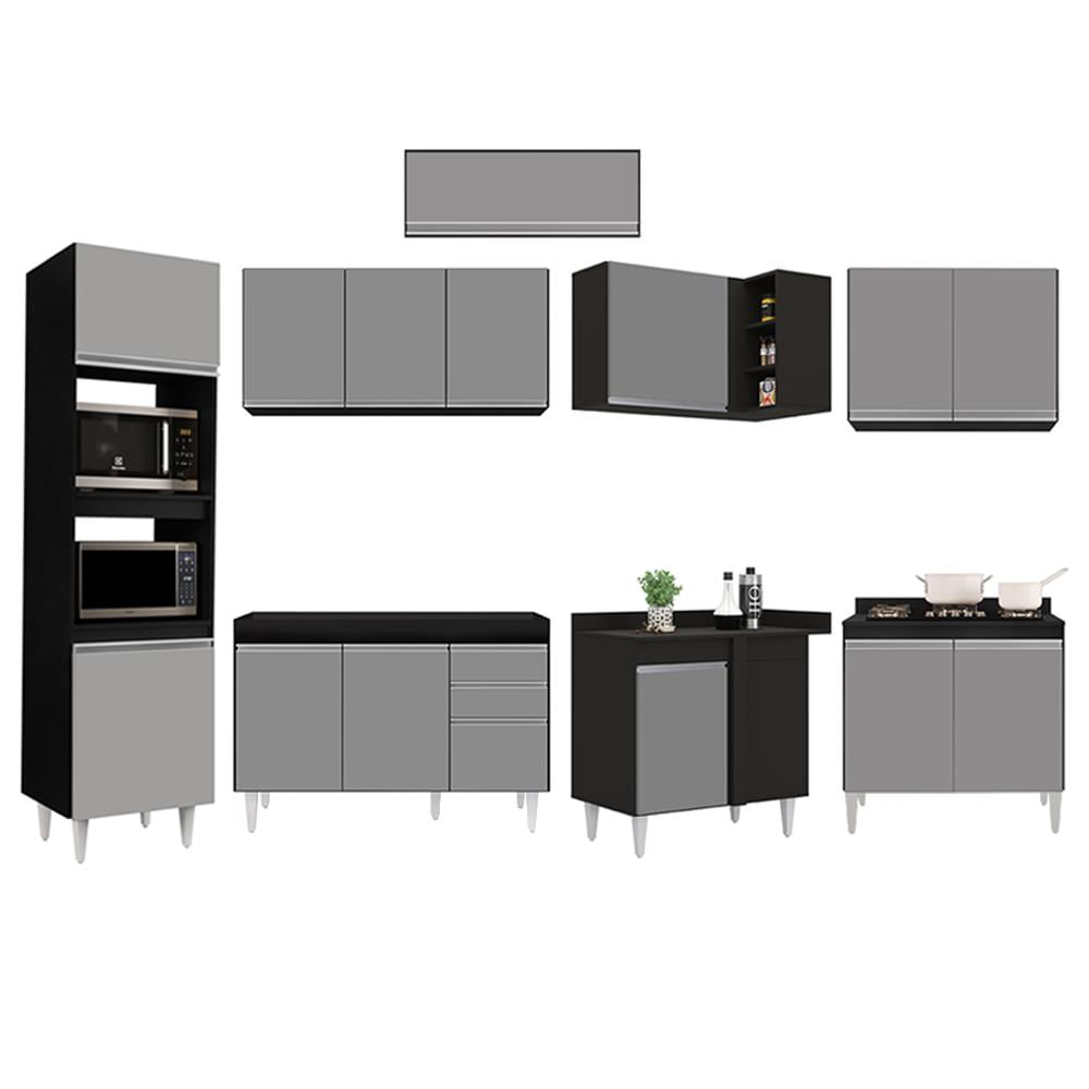 Armário de Cozinha Modulada de Canto 8 Peças CP01 Balcão Preto/Cinza - Lumil