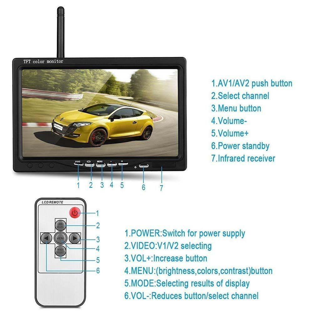 Monitor de Carro Sem Fio de 7 Polegadas com Câmera de Ré e Carregador 7 polegadas / preto