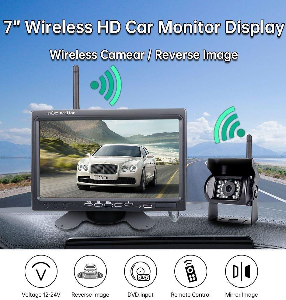 Monitor de Carro Sem Fio de 7 Polegadas com Câmera de Ré e Carregador