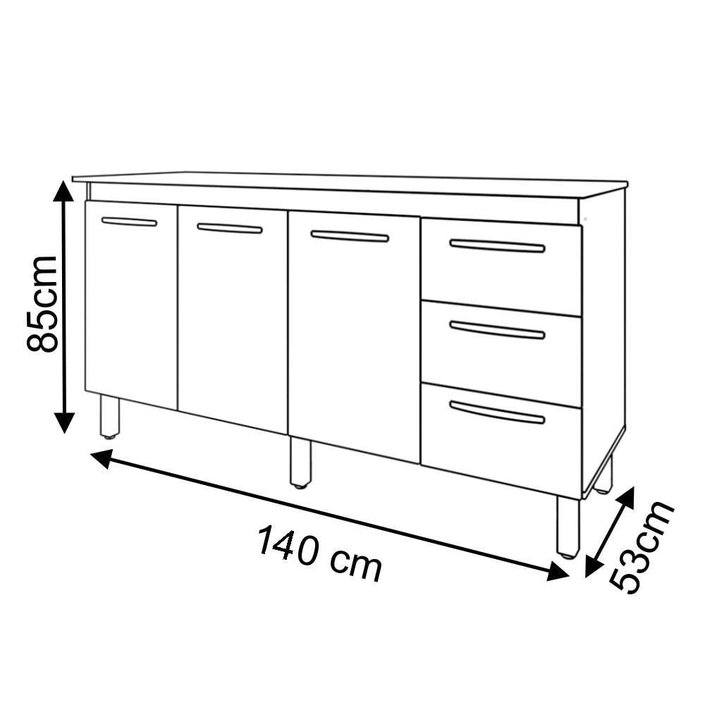 Balcão Gabinete Armário Cozinha Carine Branco Com Tampo Tampão 140 Cm Mobília Decor