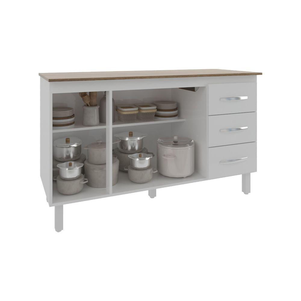 Balcão Gabinete Armário Cozinha Carine Branco Com Tampo Tampão 140 Cm Mobília Decor