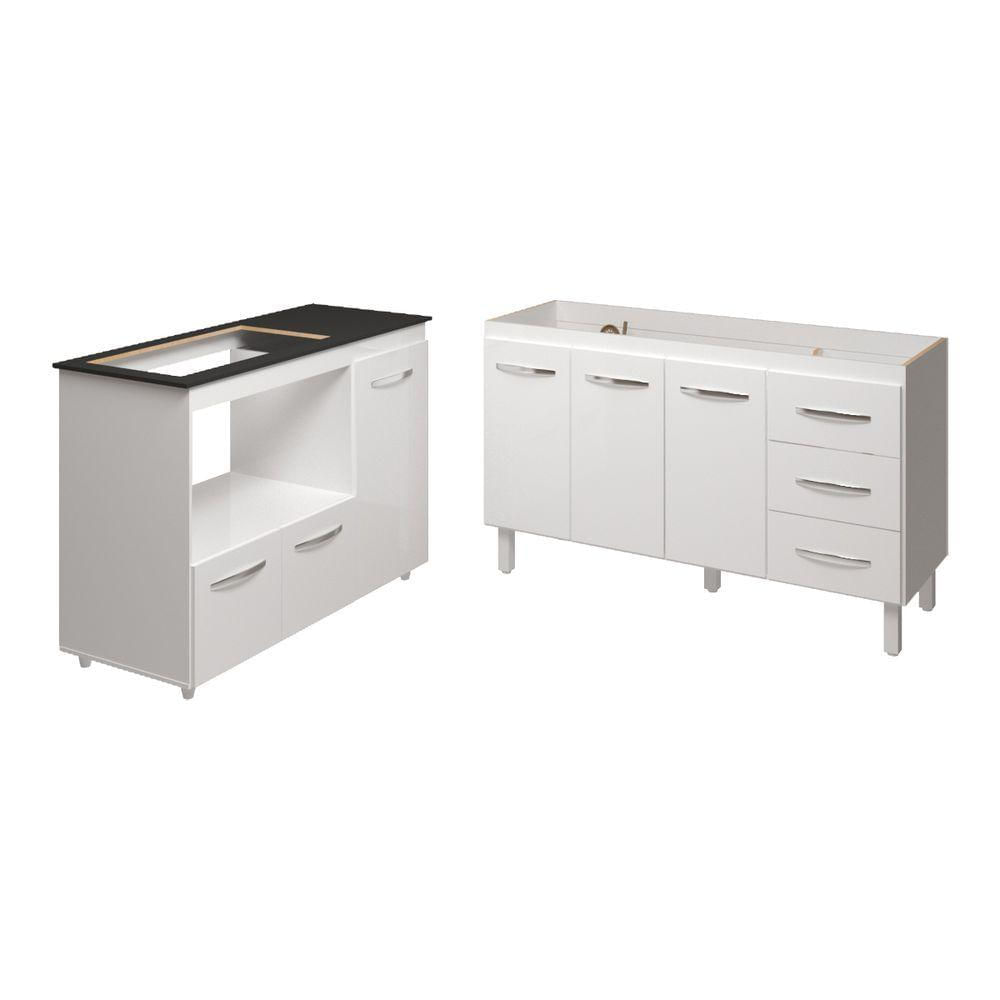 Armário Cozinha Carine Gabinete De Pia 140 Cm E Balcão Alana Para Cooktop 5 Bocas E Forno Ou Microondas Branco