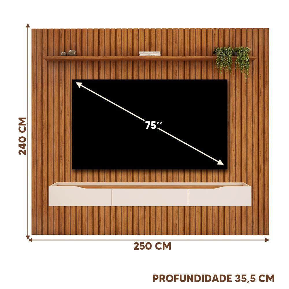 Painel Moderno Com Rack Suspenso Até 75 Polegadas 250cm X 240cm Freijó Off White Atlantis Shop Jm